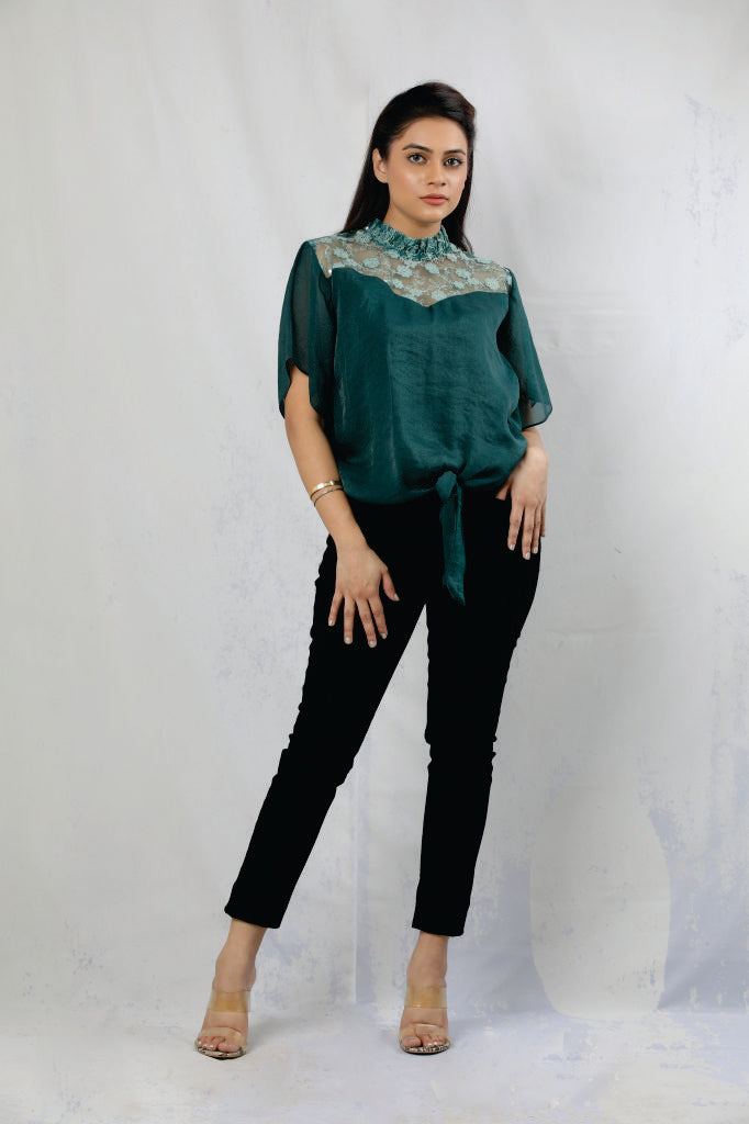 EMBROIDERED NET FRILL NECK WITH FULL BODY CHIFFON HEM KNOT TOP WITH SLEEVES DETAILING TILL WAIST CUT AND SEW.