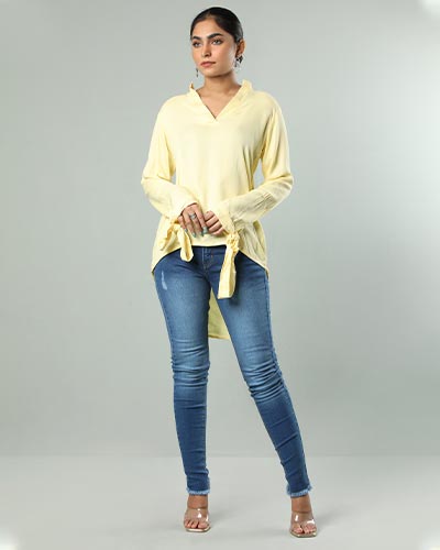 BAND COLLAR PLUS V NECK AND SLEEVES KNOT TOP