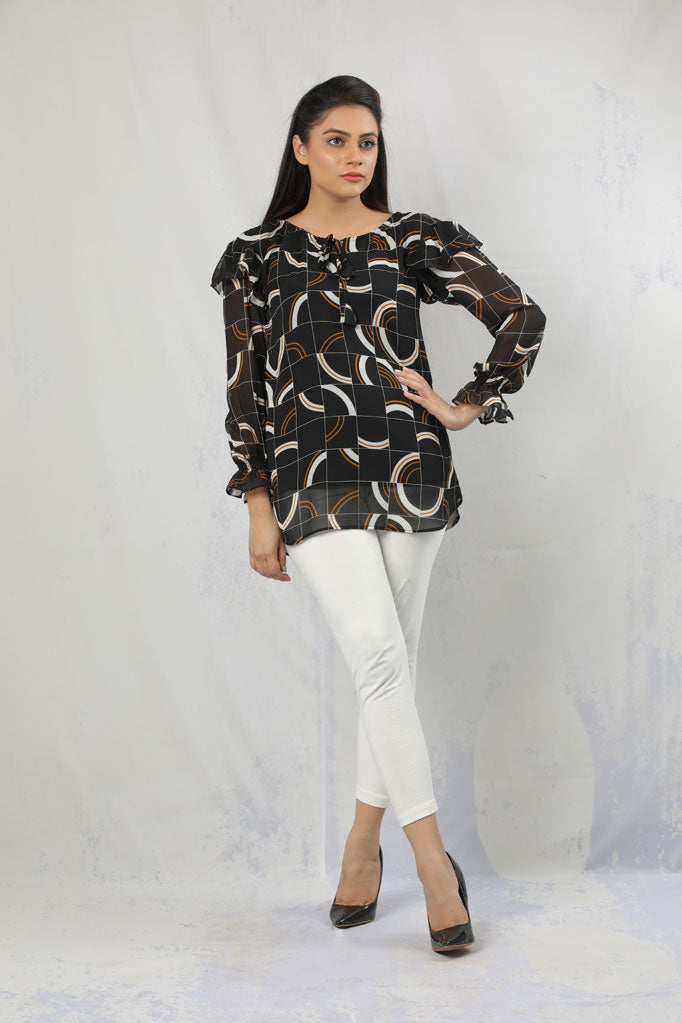 BOAT NECK WITH SHOULDER FRILL AND DETAILING ON SLEEVES