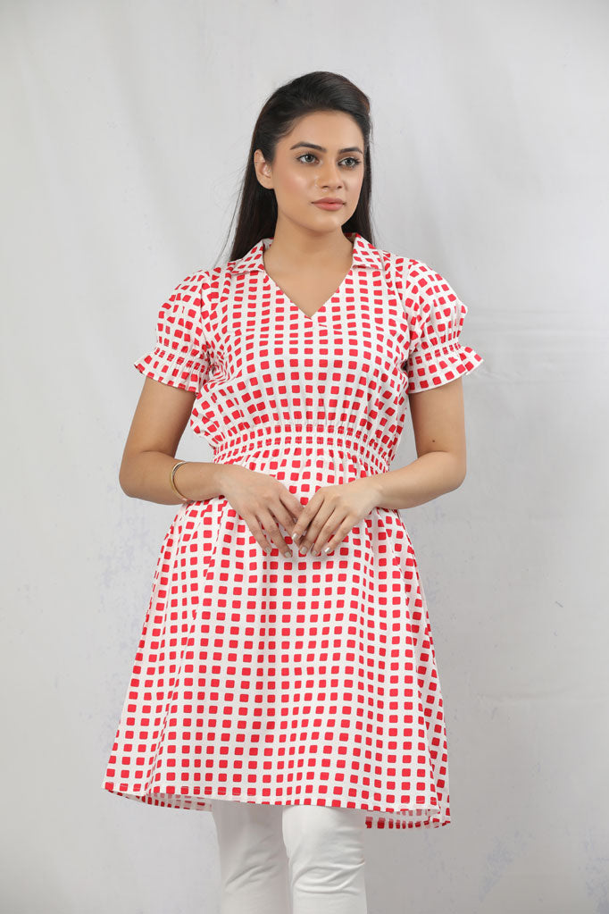 ELASTICATED SLEEVES AND WAIST RED AND WHITE WOVEN TOP