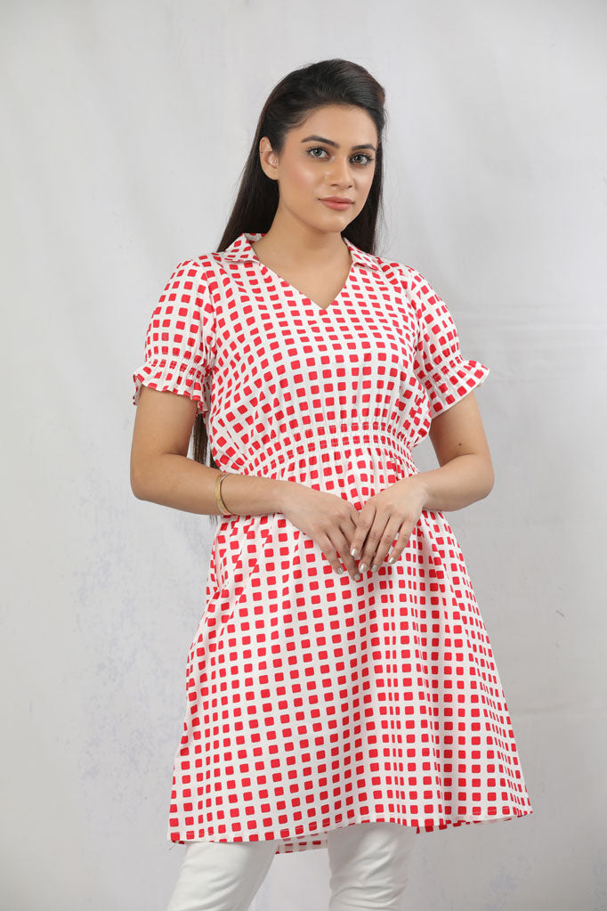 ELASTICATED SLEEVES AND WAIST RED AND WHITE WOVEN TOP
