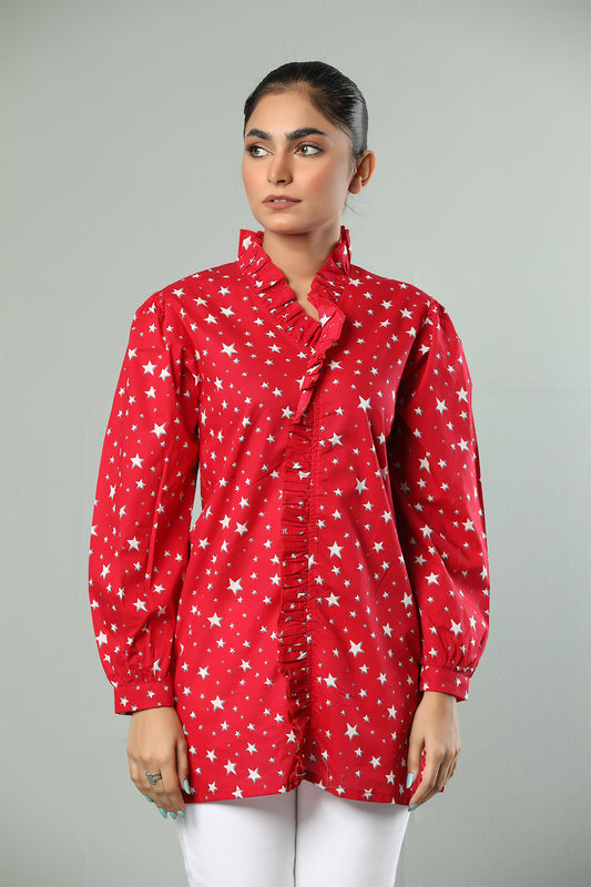 Red Star-Print Ruffle Shirt