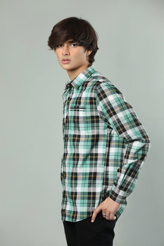 Mint Green & Black Checkered Casual Shirt – Pure Cotton Comfort