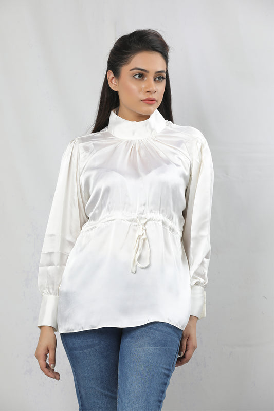 Elegant White Satin Drawstring Shirt