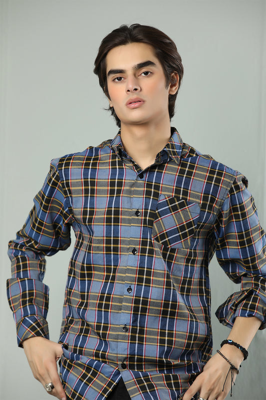 Bold Contrast Checkered Cotton Shirt – Midnight Blue & Black