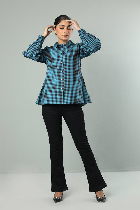 Teal Gingham Flare Shirt with Puff Sleeves