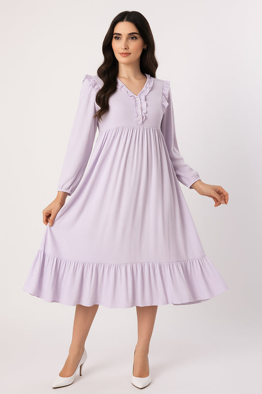 Soft Lilac Ruffle Detail Empire Midi Dress