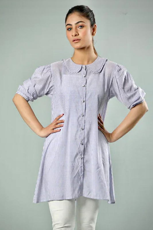 Pastel Blue Pinstripe Cotton Kurti with Peter Pan Collar