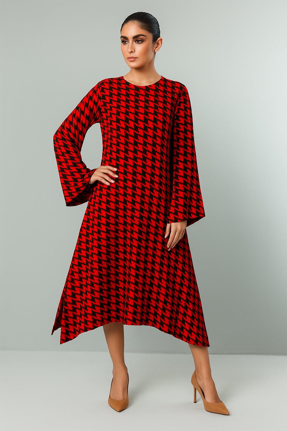Bold Elegance Red Houndstooth Flared Midi Dress