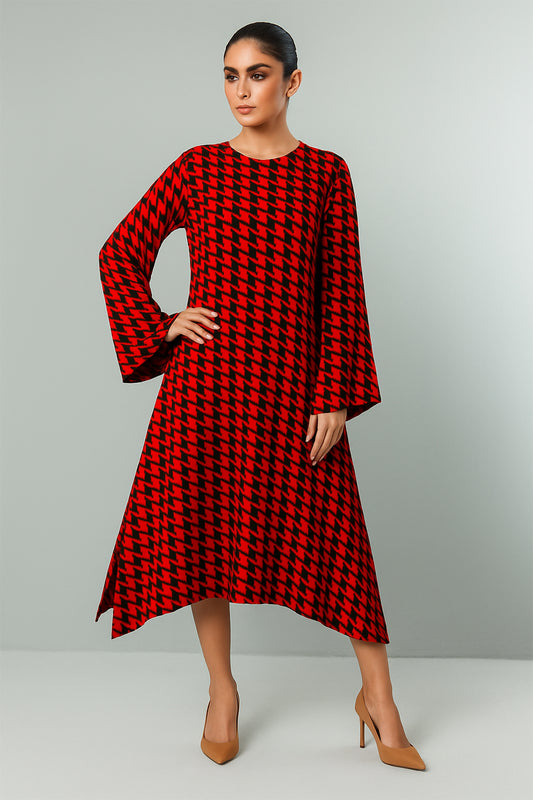 Bold Elegance Red Houndstooth Flared Midi Dress
