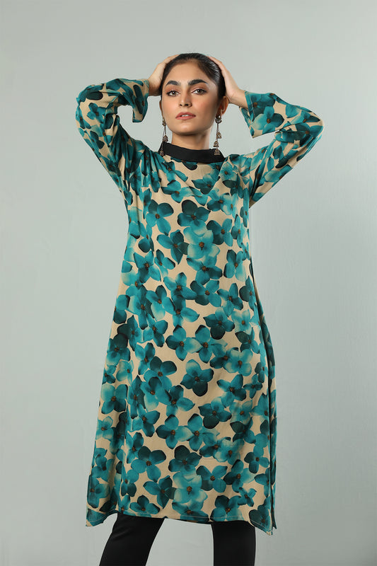 Teal Bloom High-Neck Printed Kurti