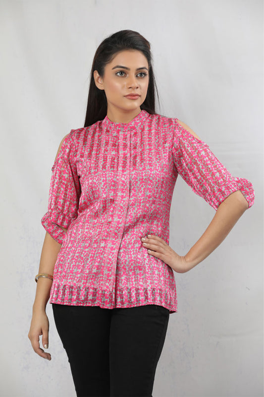 Pink Cut-Out Sleeve Printed Shirt