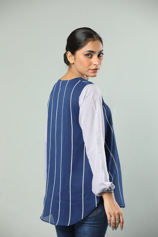 Navy & White Mixed Stripe Flowy Tunic – Relaxed Fit
