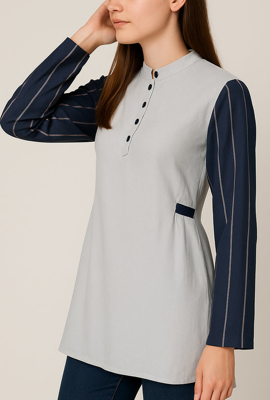 Two-Tone Minimalist Tunic with Striped Sleeves – Light Blue & Navy