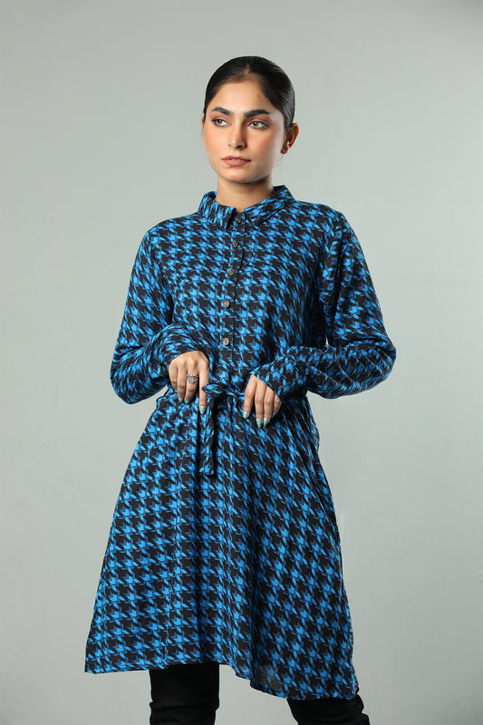 Blue & Black Printed Casual Kurti with Waist Tie