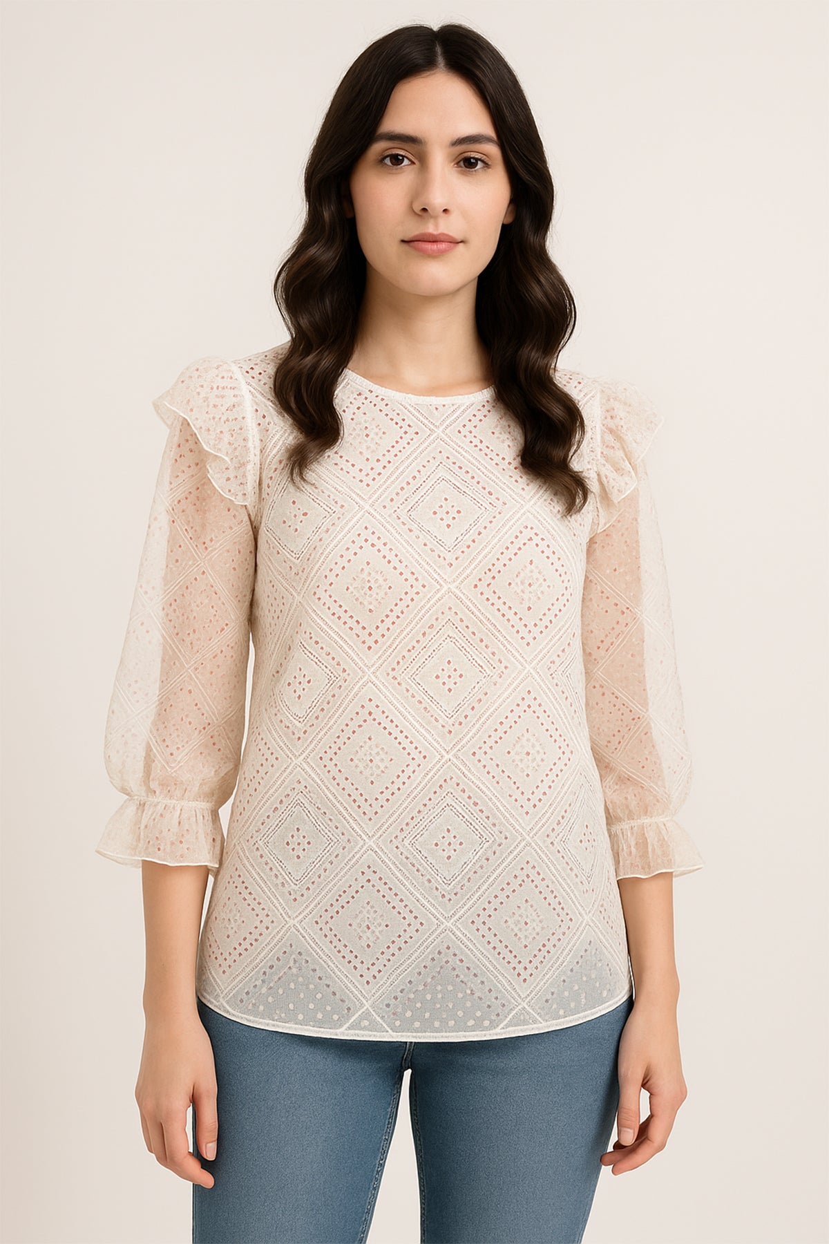 White Textured Frill Sleeve Top