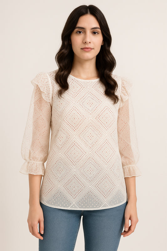 White Textured Frill Sleeve Top