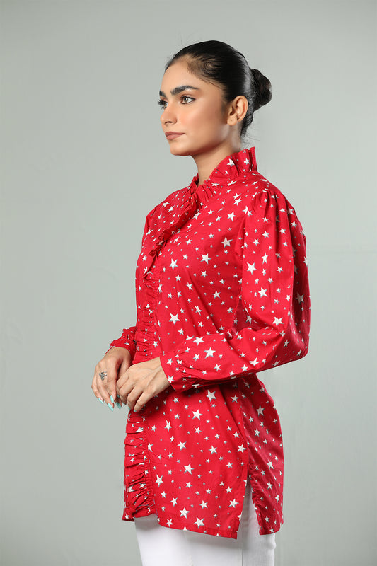 Red Star-Print Ruffle Shirt