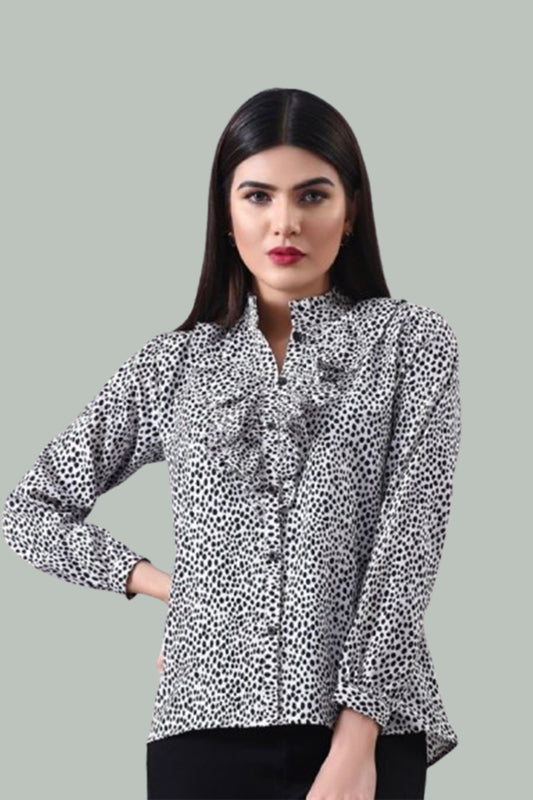 Monochrome Ruffle-Front Printed Shirt