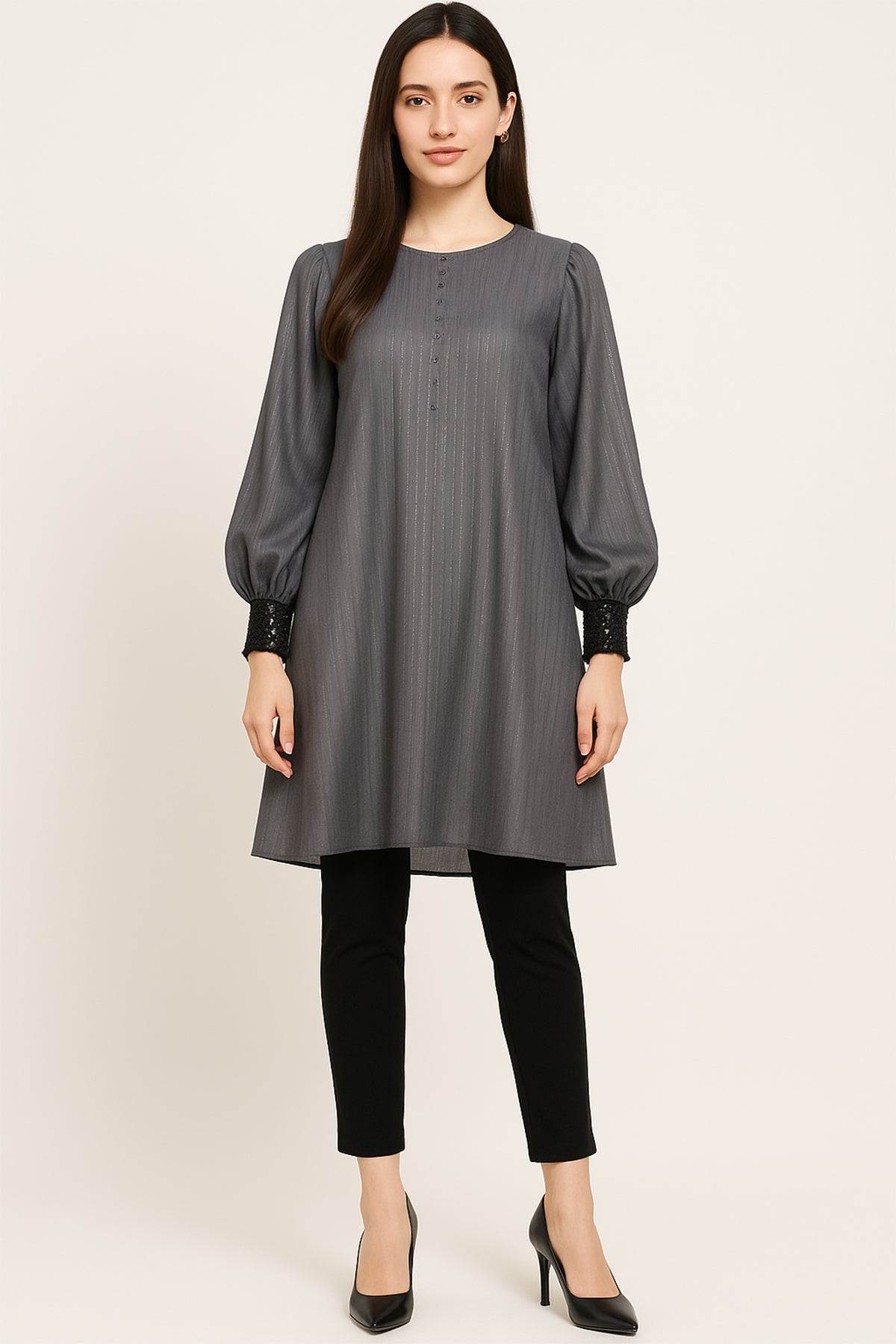 Charcoal Grey A-Line Tunic with Statement Sleeves