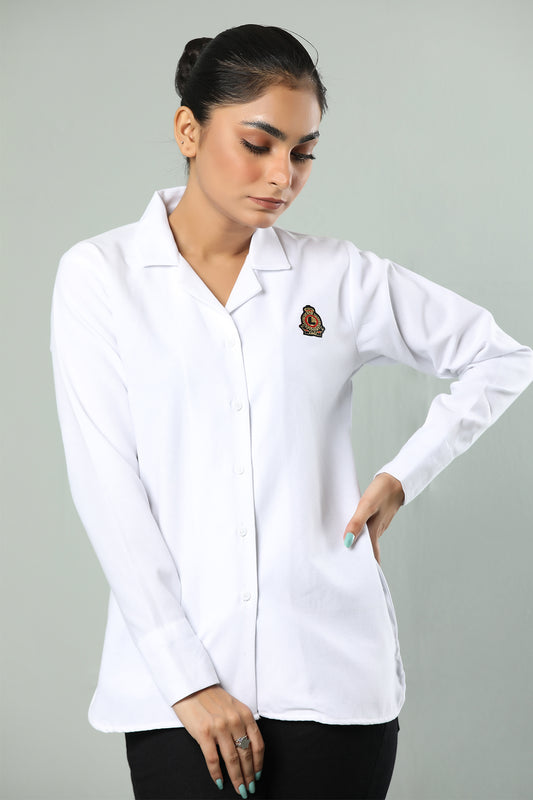 Classic White Cotton Button-Up Shirt with Crest Embroidered logo