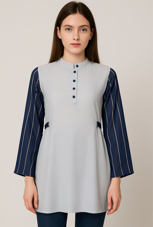 Two-Tone Minimalist Tunic with Striped Sleeves – Light Blue & Navy