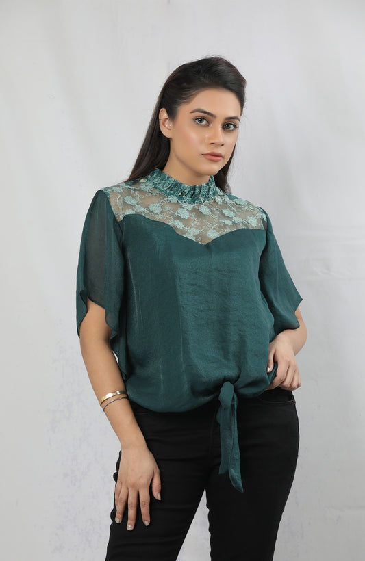 Emerald Green Tie-Front Lace Yoke Top – Ruffle Neck