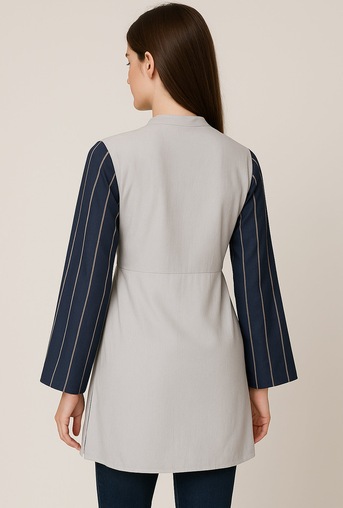 Two-Tone Minimalist Tunic with Striped Sleeves – Light Blue & Navy