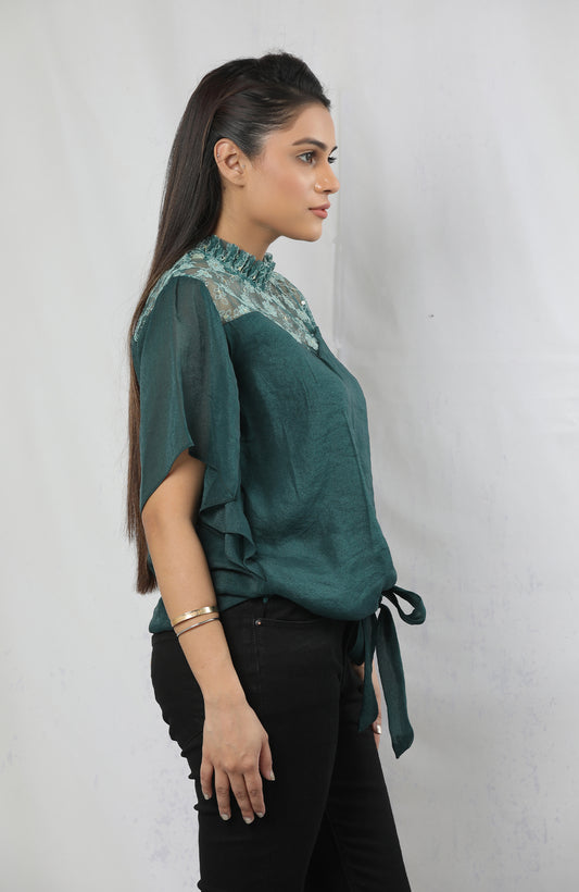 Emerald Green Tie-Front Lace Yoke Top – Ruffle Neck