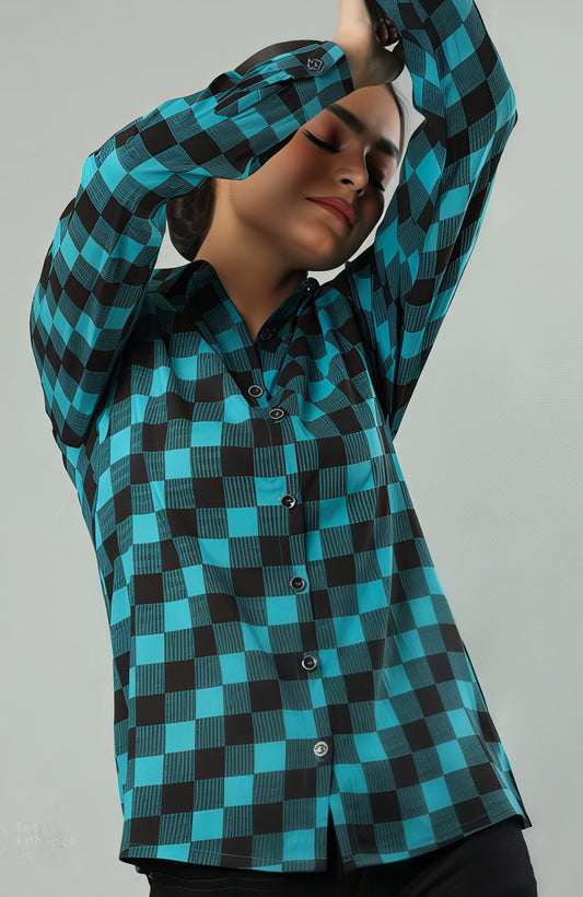 Teal & Black Checkered Long Sleeve Shirt