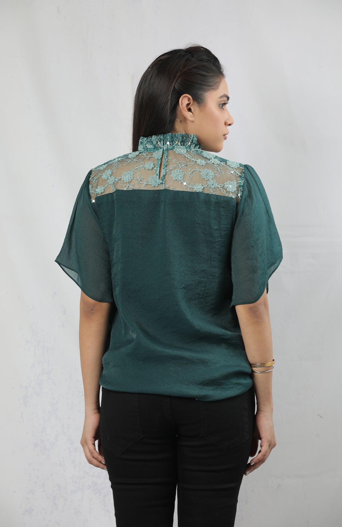 Emerald Green Tie-Front Lace Yoke Top – Ruffle Neck