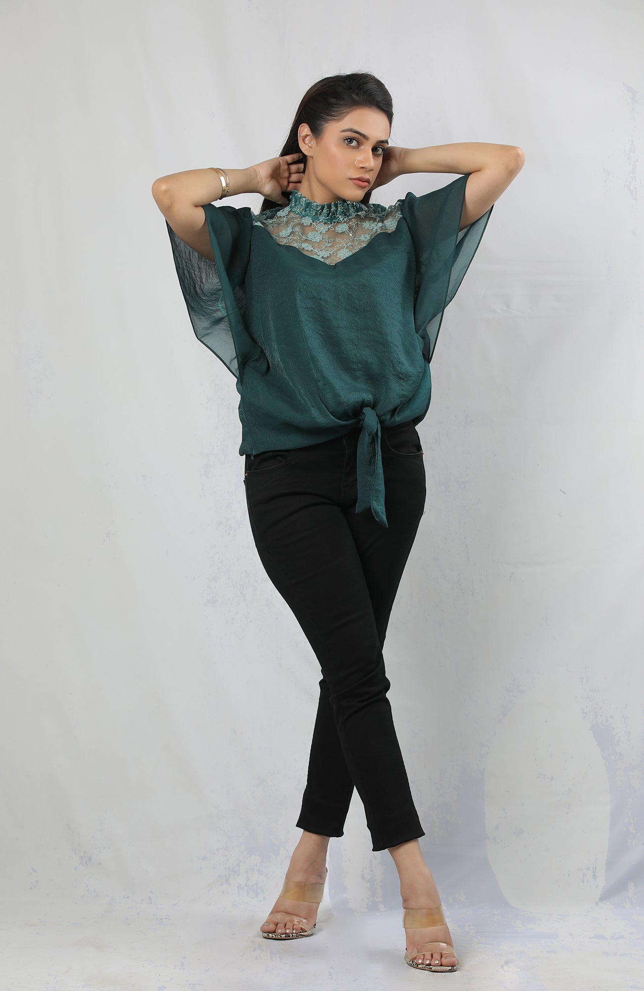 Emerald Green Tie-Front Lace Yoke Top – Ruffle Neck