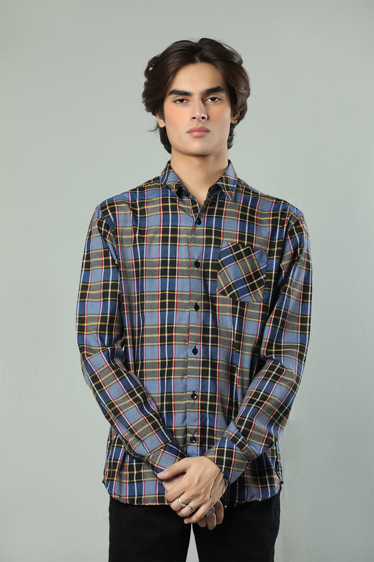 Bold Contrast Checkered Cotton Shirt – Midnight Blue & Black