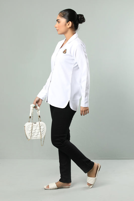 Classic White Cotton Button-Up Shirt with Crest Embroidered logo