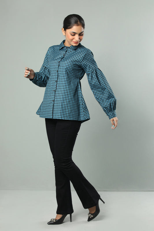 Teal Gingham Flare Shirt with Puff Sleeves