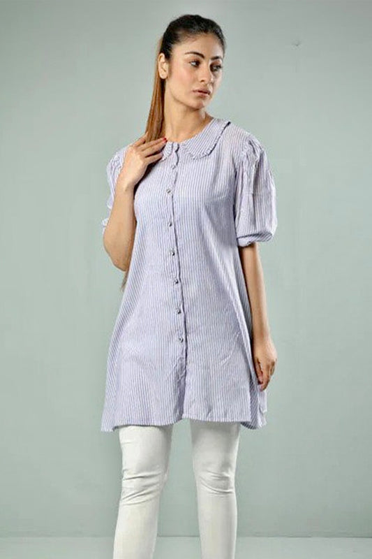 Pastel Blue Pinstripe Cotton Kurti with Peter Pan Collar