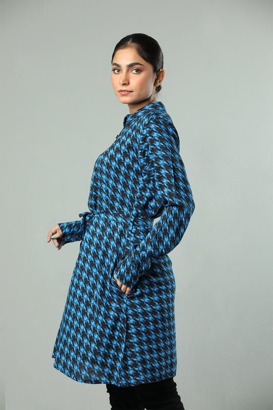 Blue & Black Printed Casual Kurti with Waist Tie