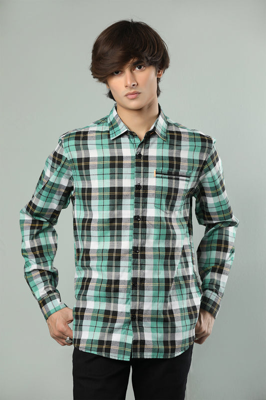 Mint Green & Black Checkered Casual Shirt – Pure Cotton Comfort