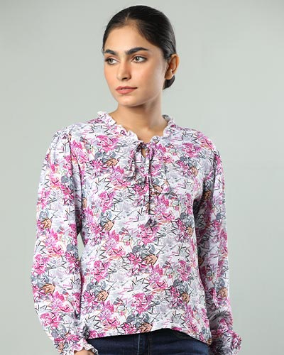 Women’s Floral Tie-Neck Linen Shirt