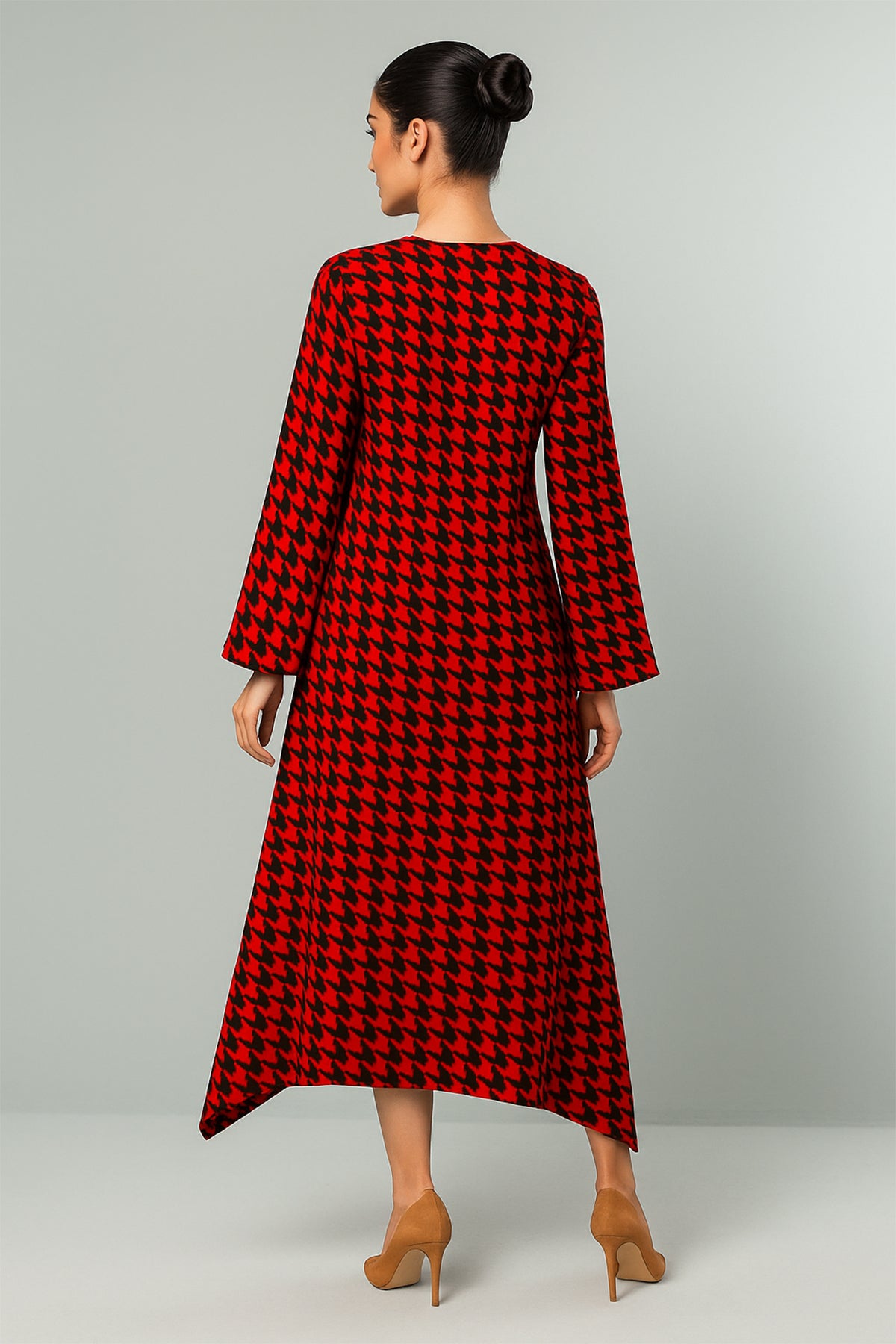 Bold Elegance Red Houndstooth Flared Midi Dress
