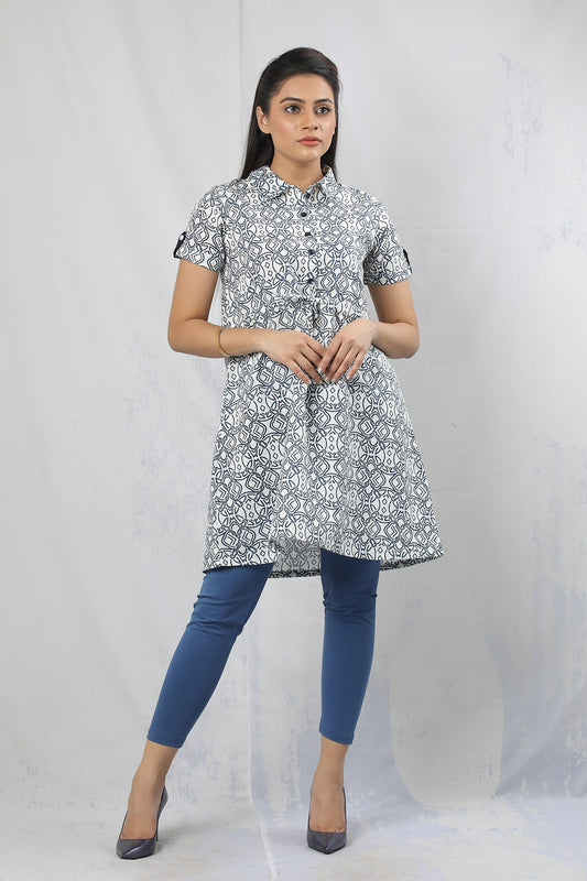 Navy Blue Geometric Printed Short Sleeve A-Line Kurti