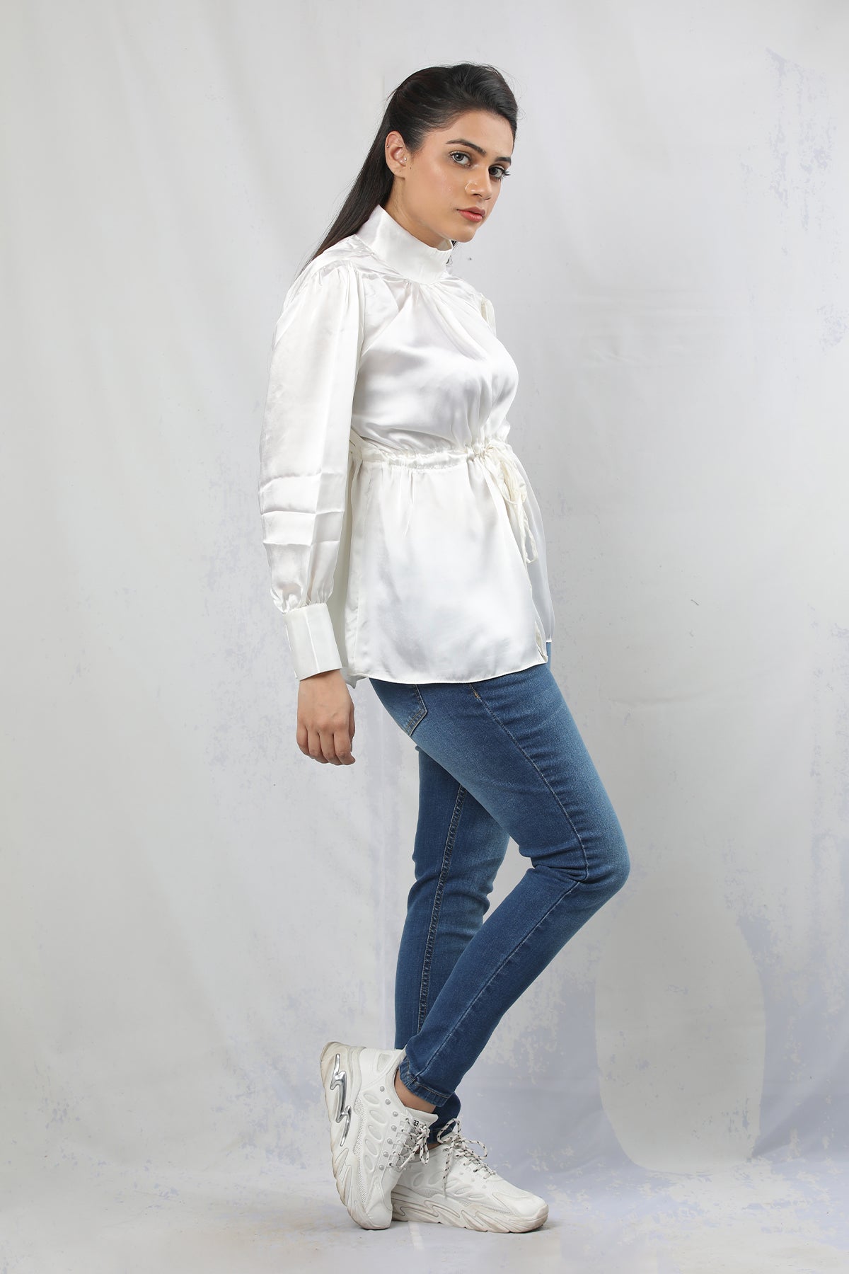Elegant White Satin Drawstring Shirt