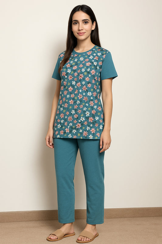 Teal Floral Cotton Pajama Set – Soft & Comfy Sleepwear