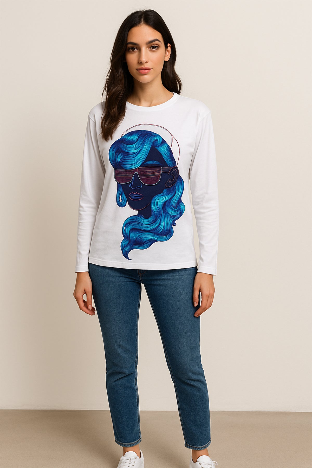 Abstract Printed White Cotton Long Sleeve Tee