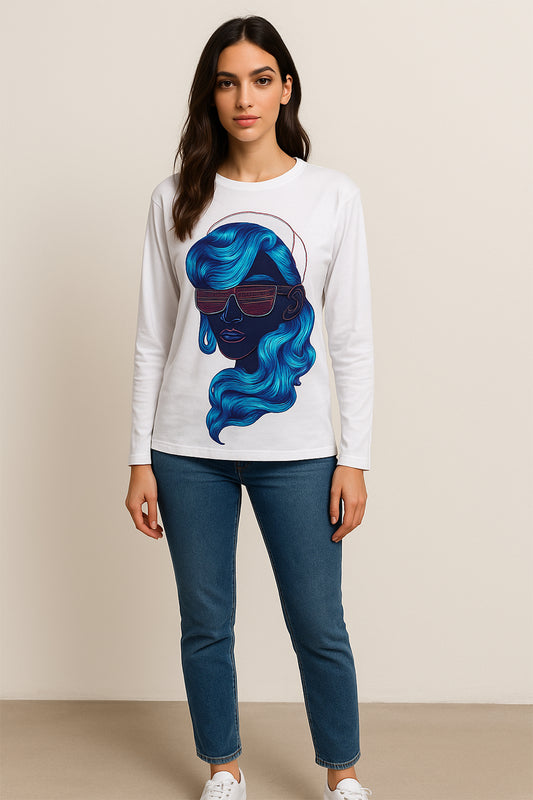 Abstract Printed White Cotton Long Sleeve Tee