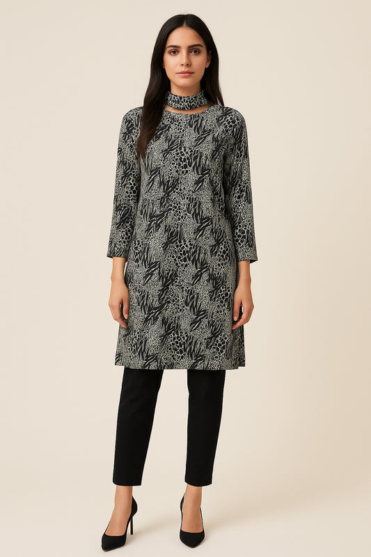 Women's Monochrome Animal Print Kurti with Cut-Out Neckline