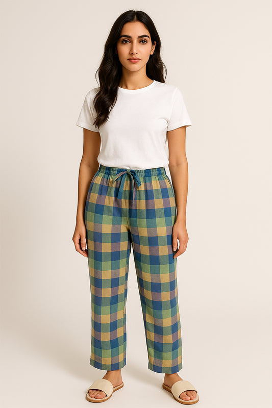 Pastel Blue & Olive Checkered Cotton Trouser