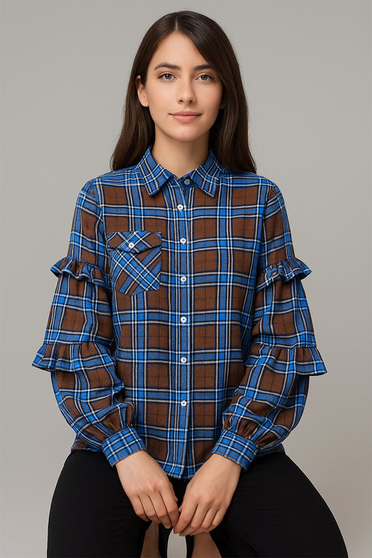 Blue & Brown Checkered Linen Shirt with Ruffle Sleeves