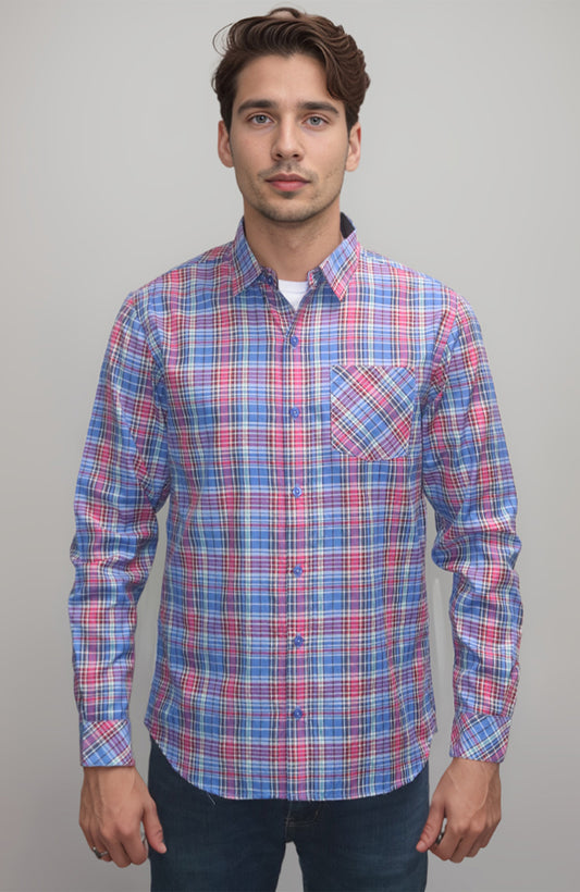 Vibrant Blue-Pink Plaid Shirt – Casual Full Sleeve