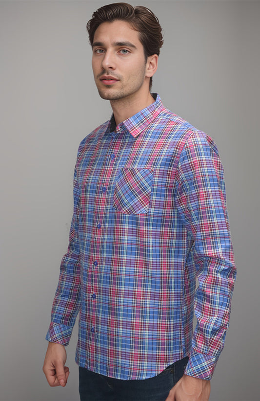 Vibrant Blue-Pink Plaid Shirt – Casual Full Sleeve